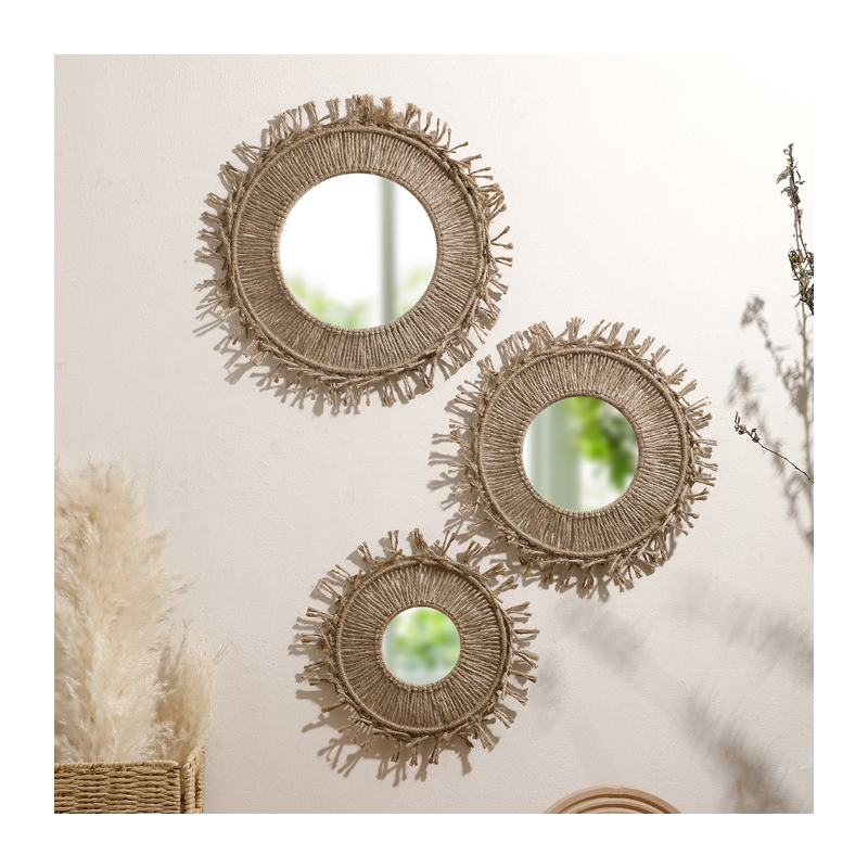 Bohemian Handmade Curry Cotton Rope Weave Round Wall Mirror